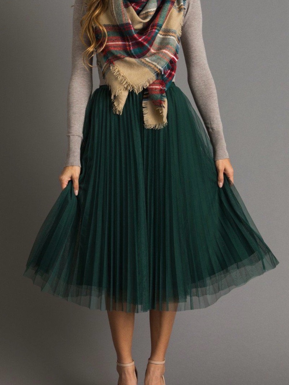Morning Lavender Forest Green Pleated Tulle Midi Skirt XXL EUC Worn Once